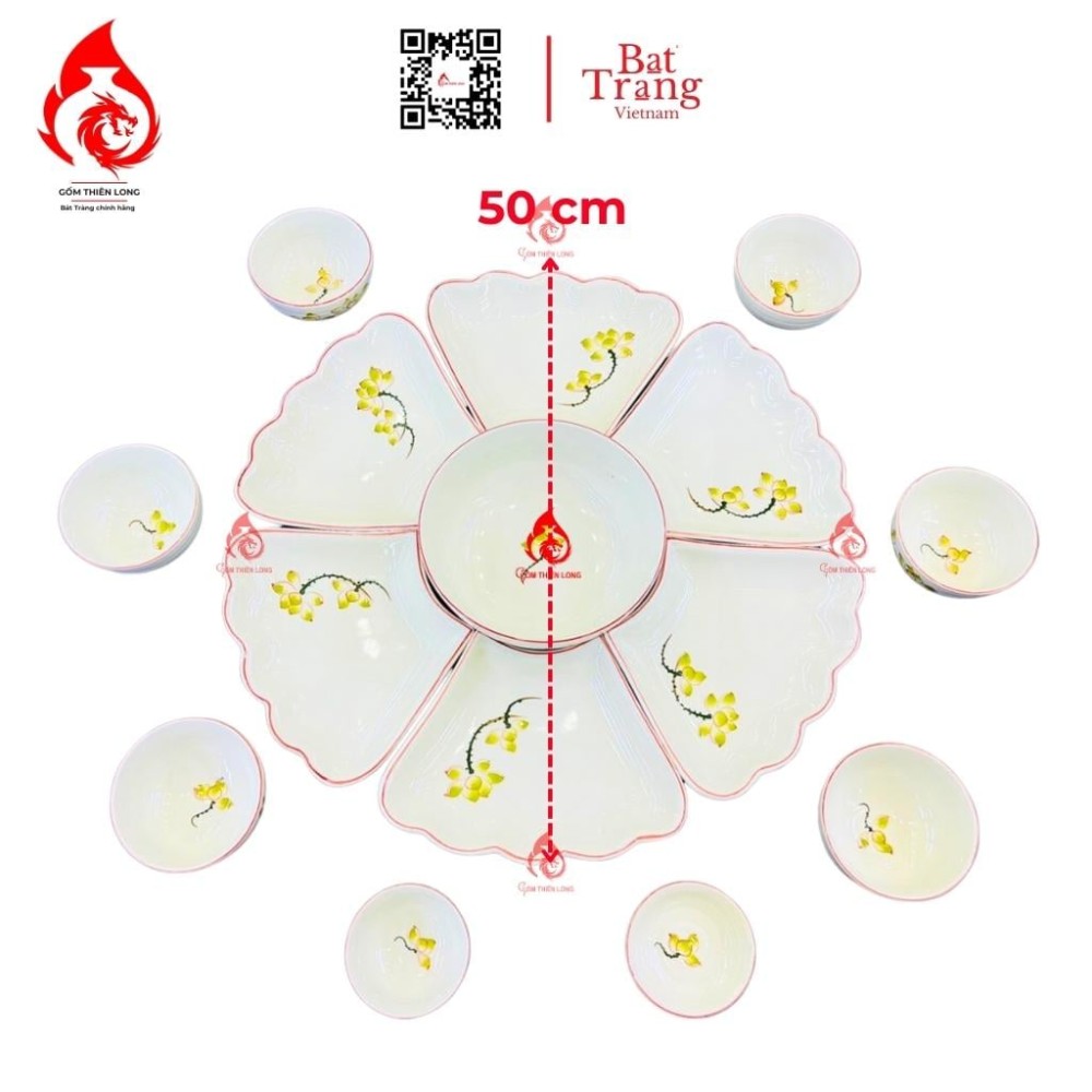 Bộ Bát Đĩa Hoa Mặt Trời Vẽ Sen Vàng 230909