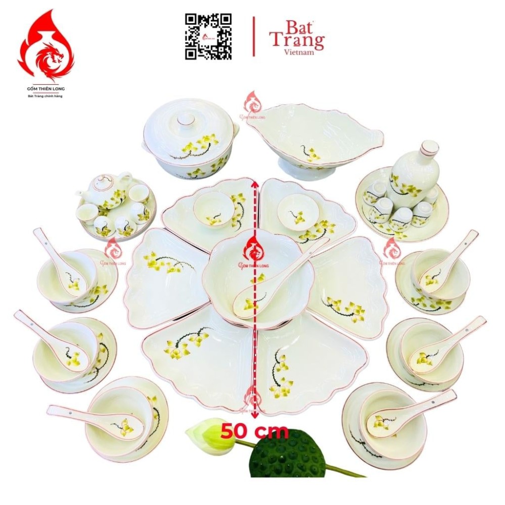 Bộ Bát Đĩa Hoa Mặt Trời Vẽ Sen Vàng 230909