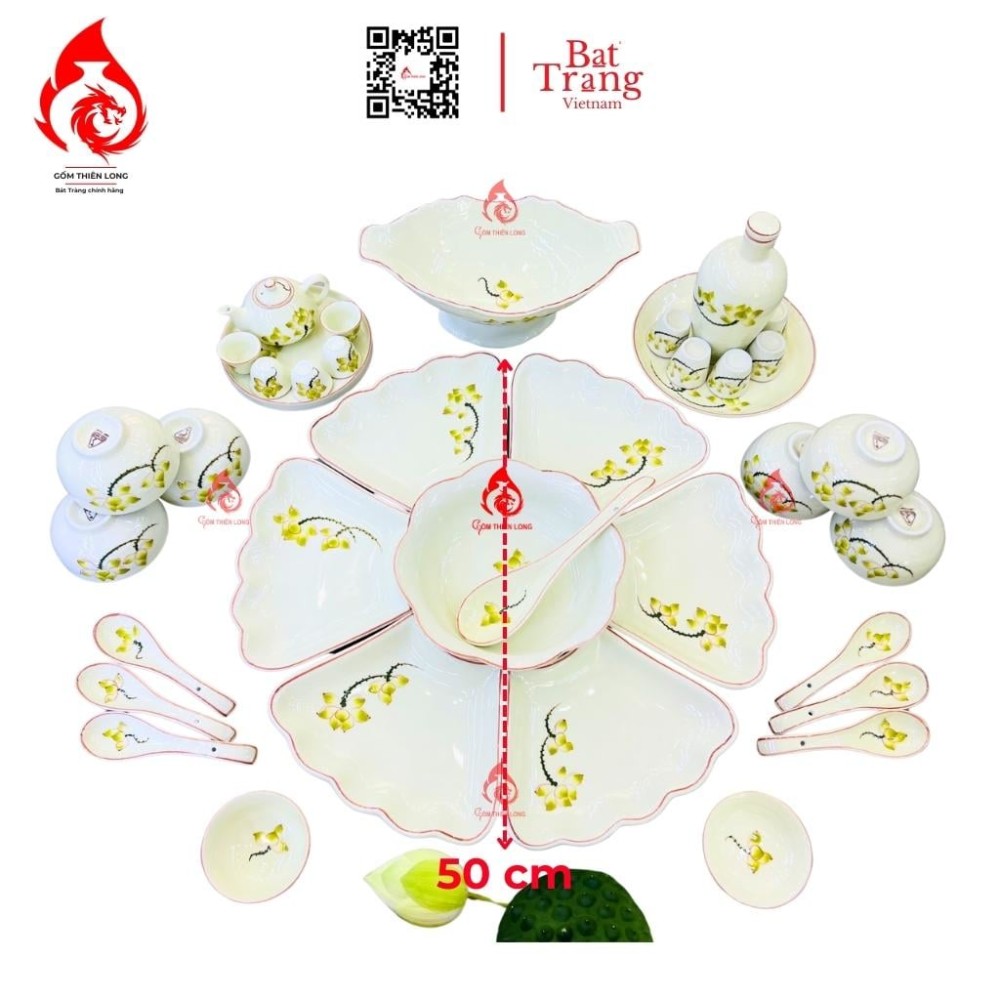 Bộ Bát Đĩa Hoa Mặt Trời Vẽ Sen Vàng 230909