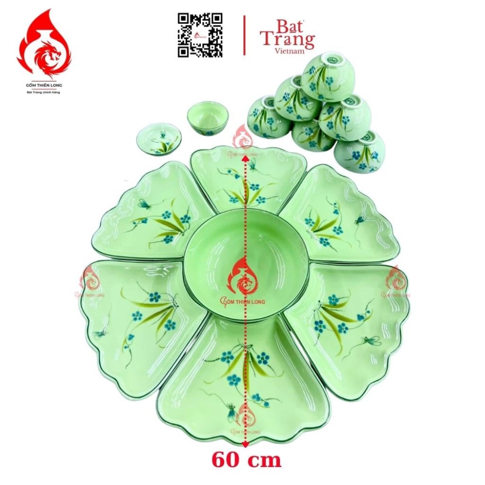 Bộ Bát Đĩa Hoa Mặt Trời Xanh Cốm Ngọc Vẽ Hoa 230910