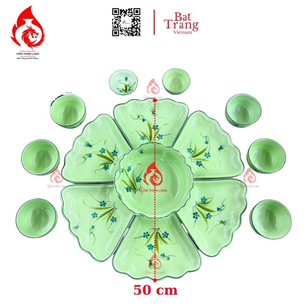 Bộ Bát Đĩa Hoa Mặt Trời Xanh Cốm Ngọc Vẽ Hoa 230910