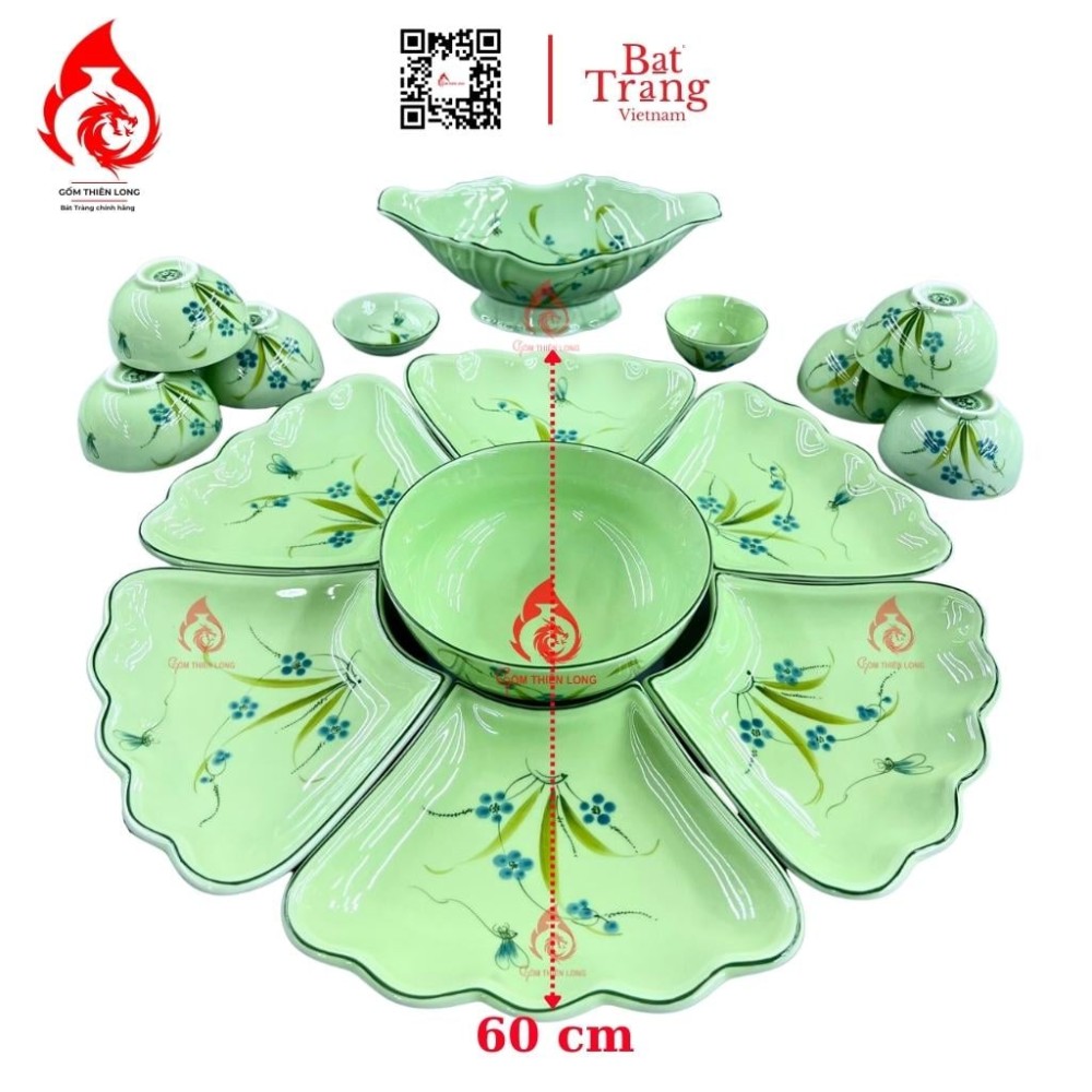 Bộ Bát Đĩa Hoa Mặt Trời Xanh Cốm Ngọc Vẽ Hoa 230910