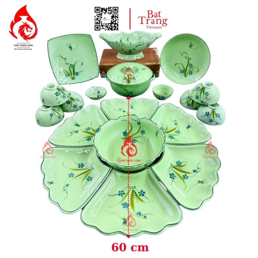 Bộ Bát Đĩa Hoa Mặt Trời Xanh Cốm Ngọc Vẽ Hoa 230910