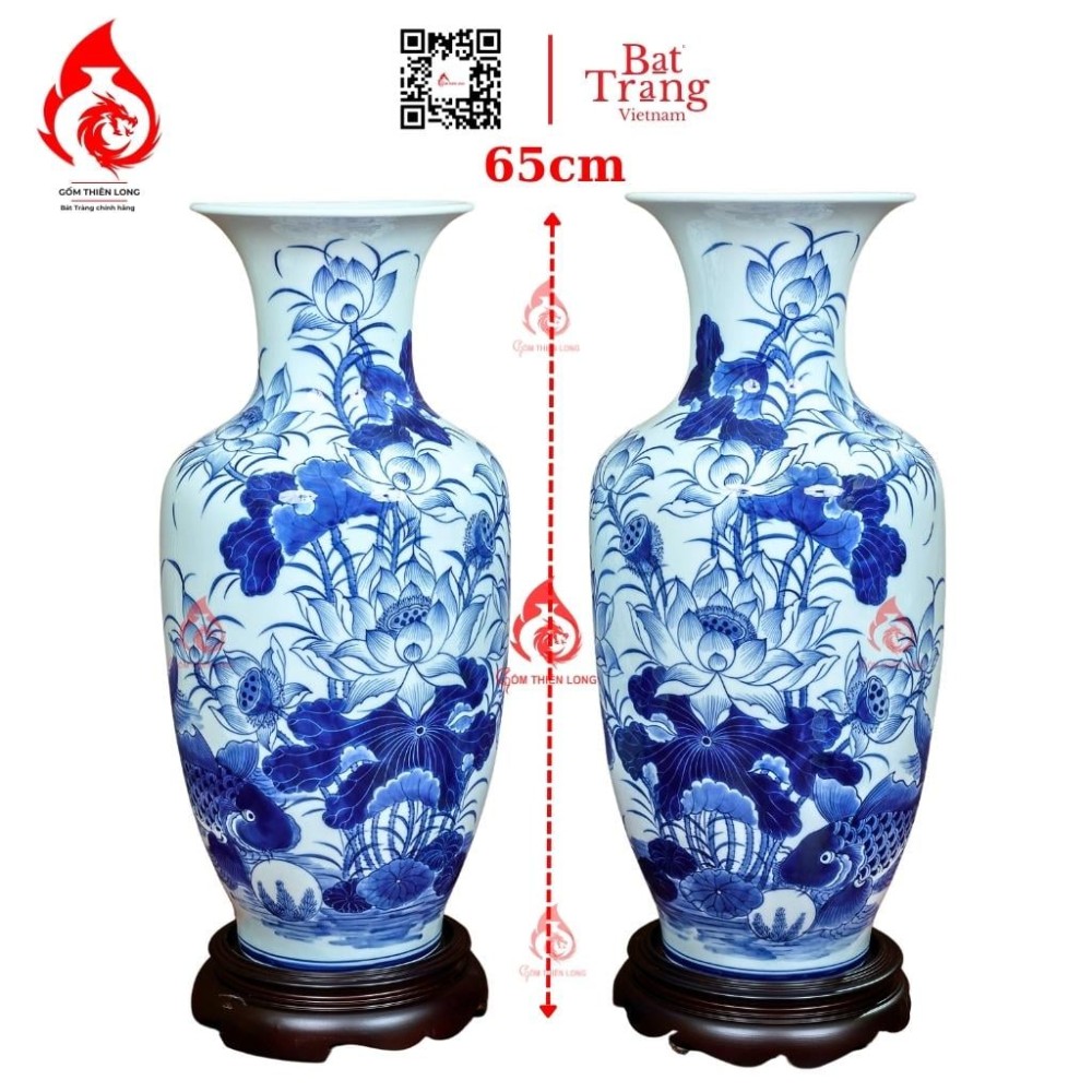 Lộc Bình Bát Tràng Men Lam Ngọc Vẽ Sen Cá 230944