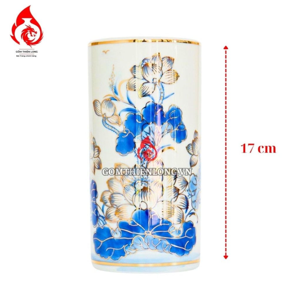 Ống Đựng Nhang Bát Tràng Men Lam Vẽ Vàng Hoa Sen 231075