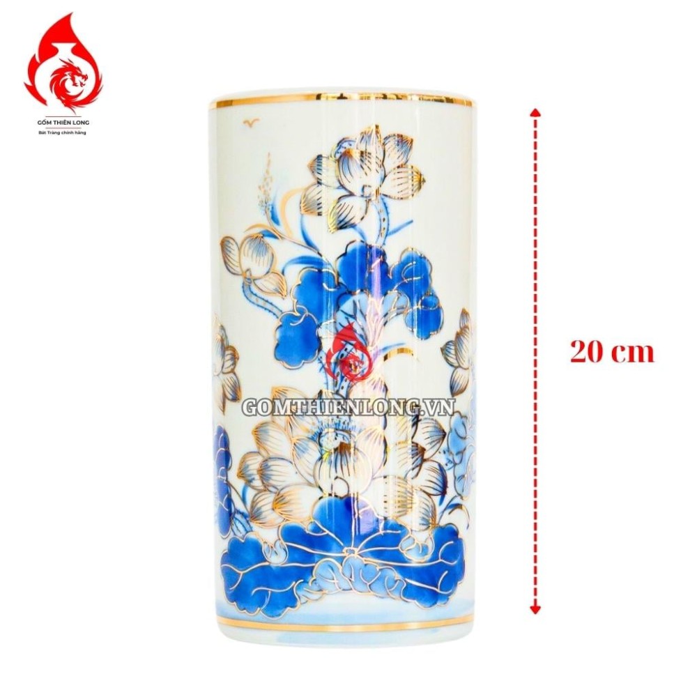 Ống Đựng Nhang Bát Tràng Men Lam Vẽ Vàng Hoa Sen 231075