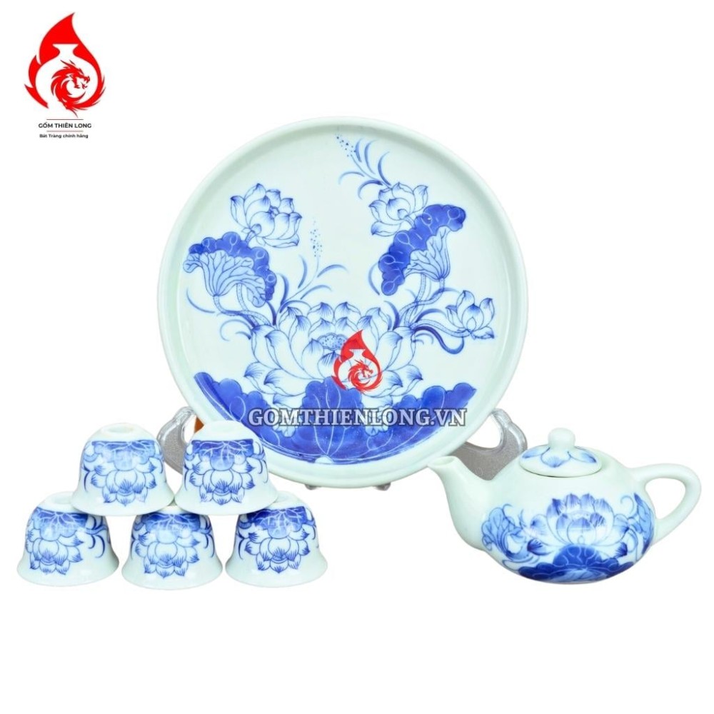 Bộ Ấm Chén Bàn Thờ Men Xanh Lam Vẽ Hoa Sen 231127