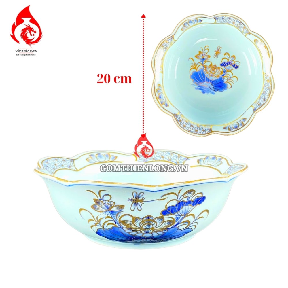 Bộ Bát Đĩa Thắp Hương Men Lam Ngọc Vẽ Vàng 231221