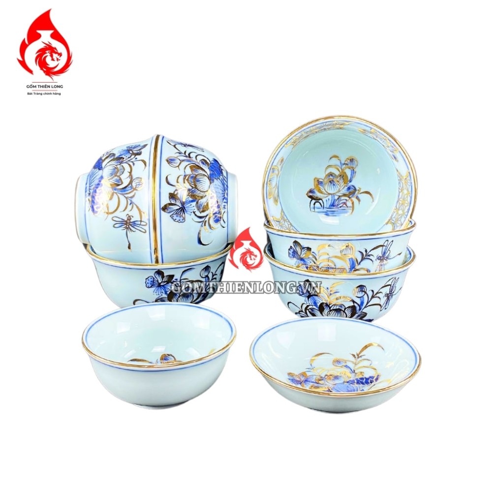 Bộ Bát Đĩa Thắp Hương Men Lam Ngọc Vẽ Vàng 231221