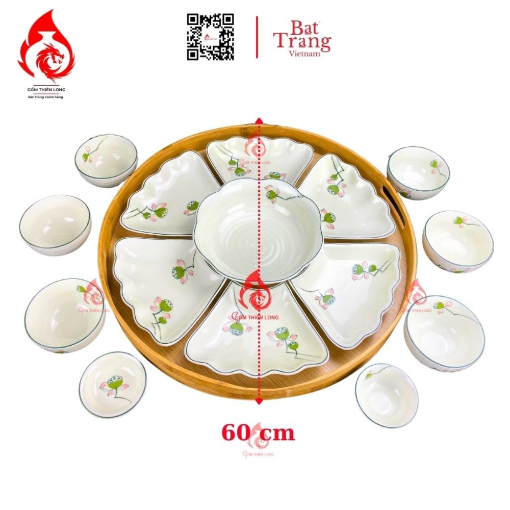 Bộ Bát Đĩa Hoa Mặt Trời Men Kem Vẽ Đài Sen