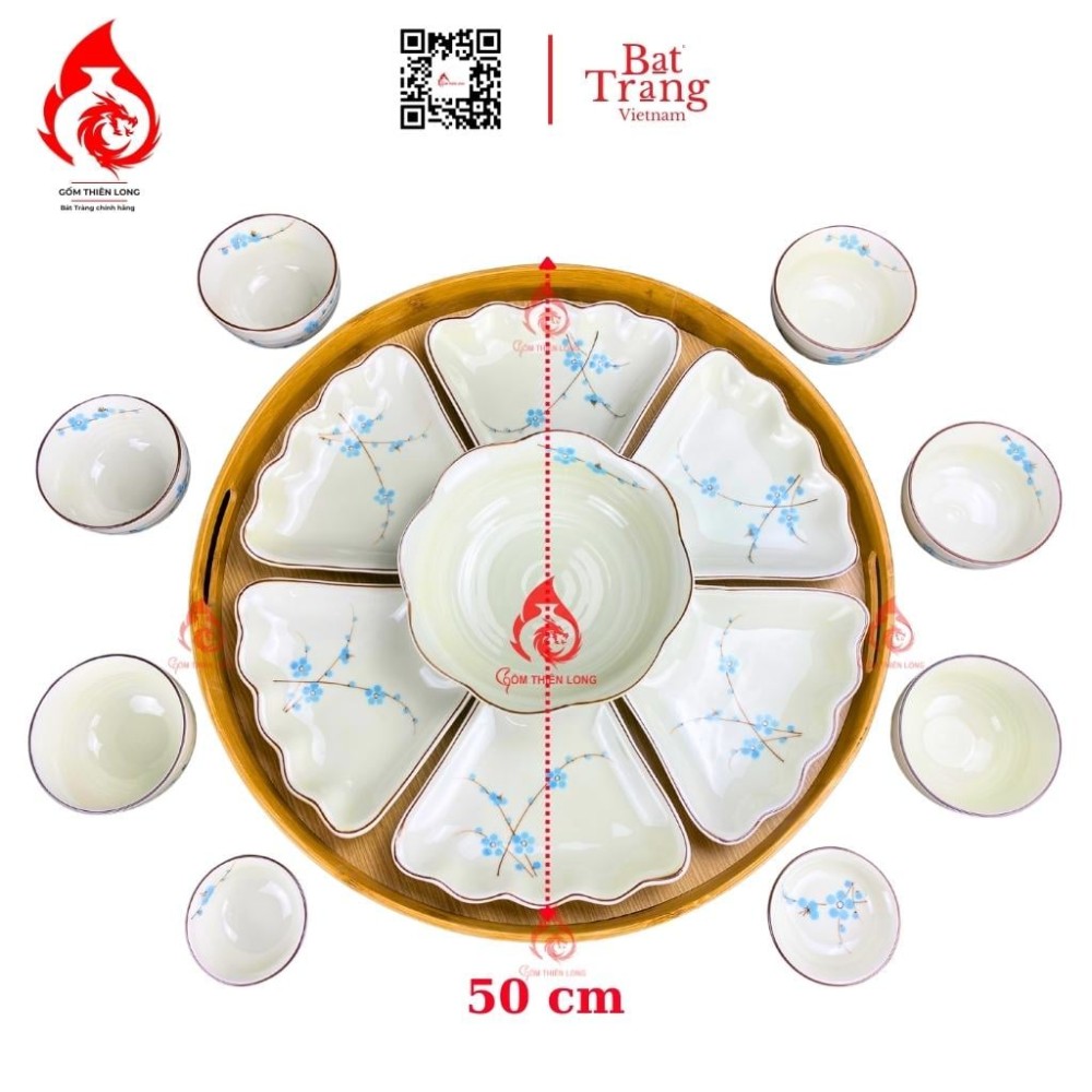 Bộ Bát Đĩa Hoa Mặt Trời Men Kem Vẽ Đào Xanh