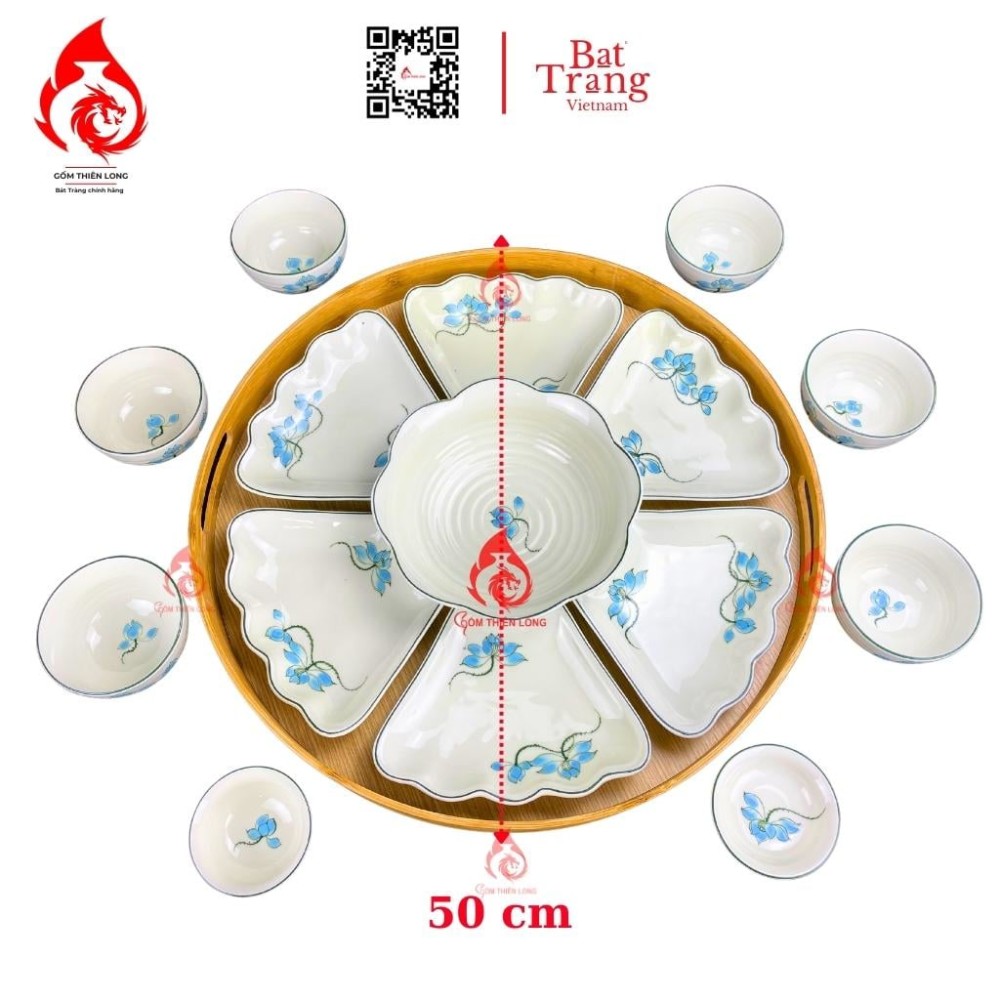 Bộ Bát Đĩa Hoa Mặt Trời Men Kem Vẽ Sen Xanh