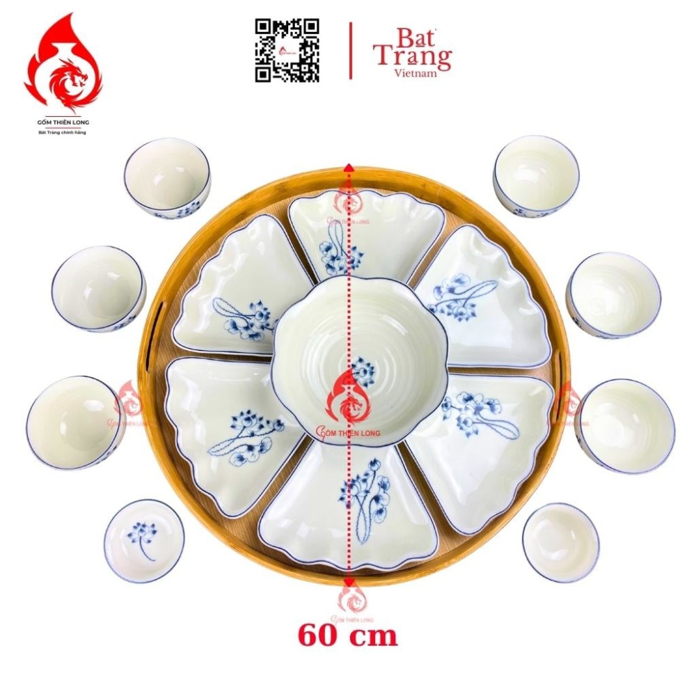 Bộ Bát Đĩa Hoa Mặt Trời Men Kem Vẽ Sen Chàm