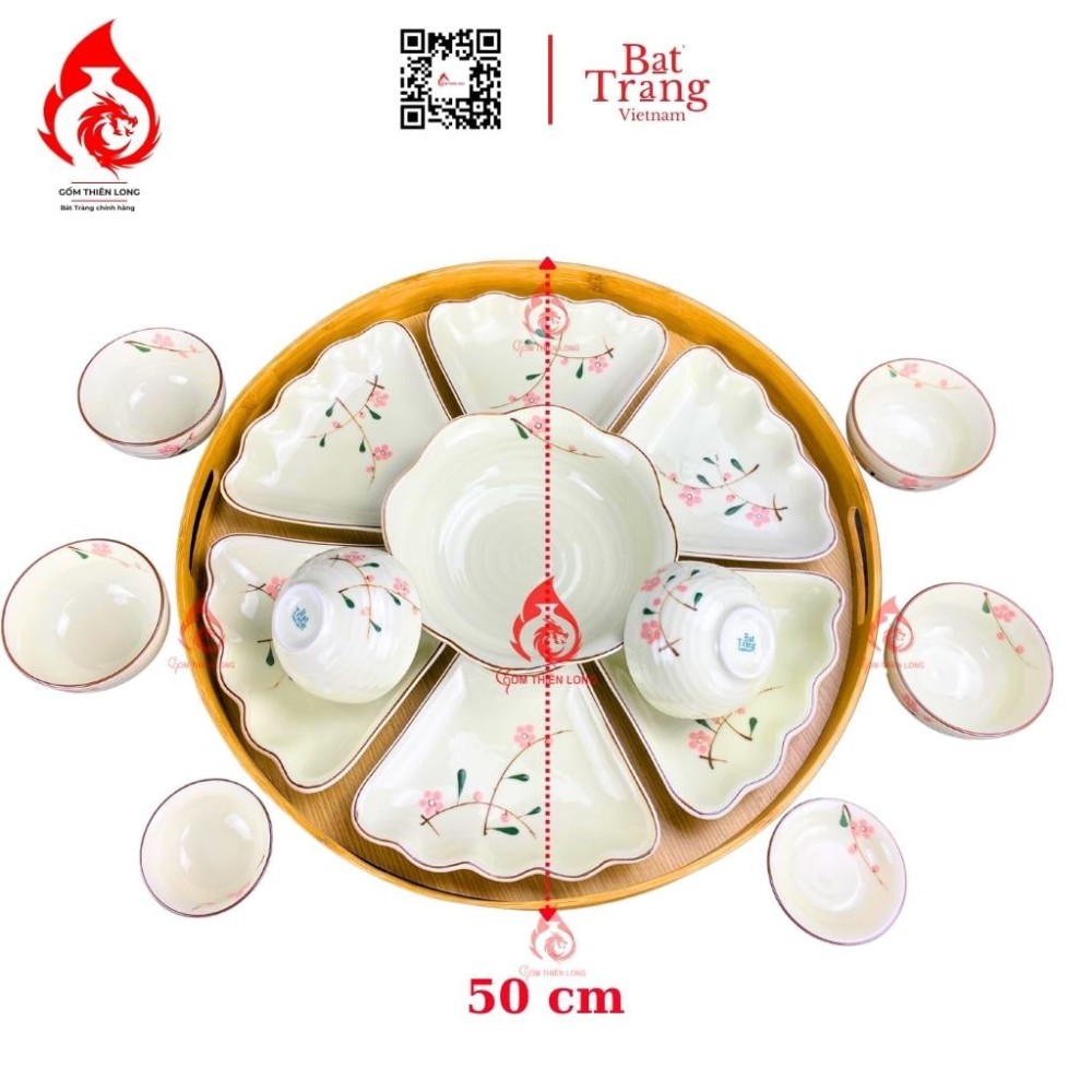 Bộ Bát Đĩa Hoa Mặt Trời Men Kem Vẽ Đào Hồng