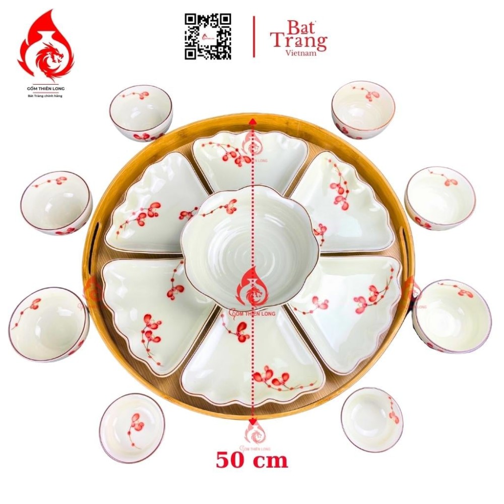 Bộ Bát Đĩa Hoa Mặt Trời Men Kem Vẽ Đào Đỏ