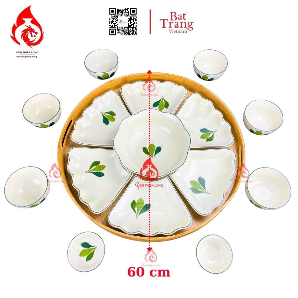 Bộ Bát Đĩa Hoa Mặt Trời Men Kem Vẽ Ngò Gai