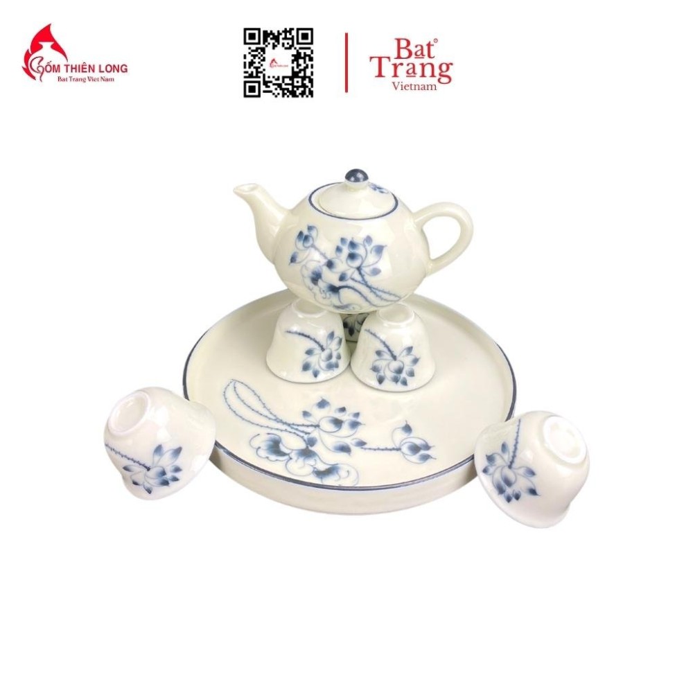 Bộ Bát Đĩa Thắp Hương Men Kem Vẽ Sen Chàm 236624