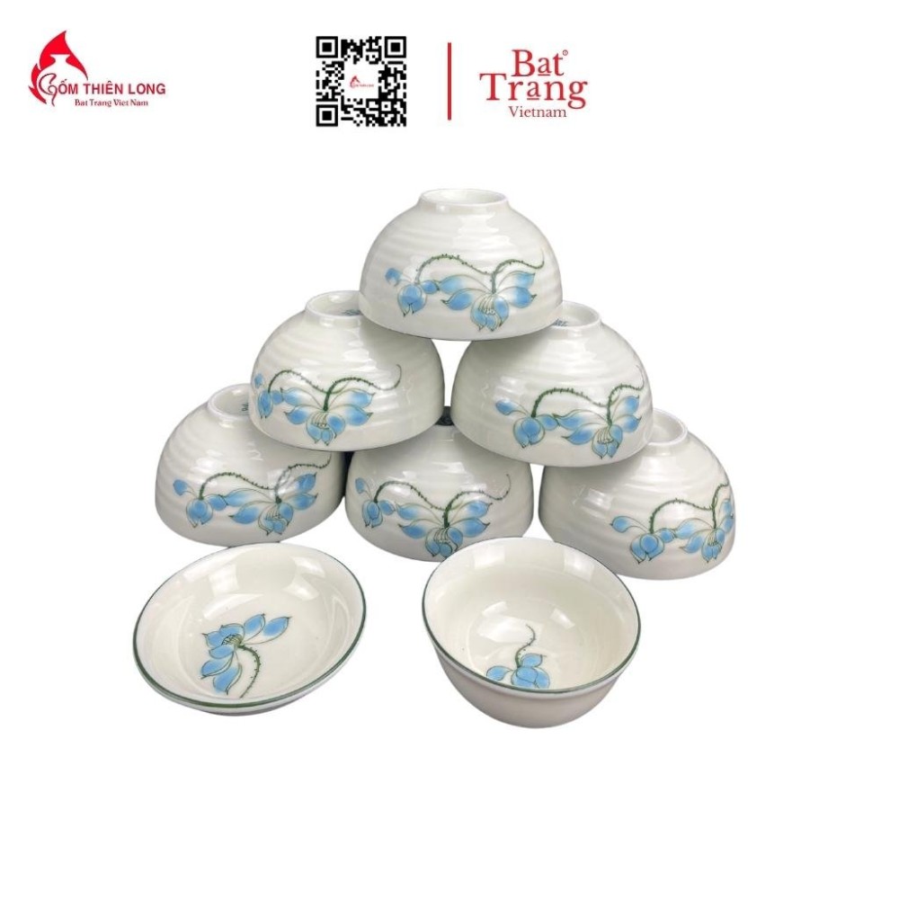 Bộ Bát Đĩa Thắp Hương | Men Kem Vẽ Sen Xanh