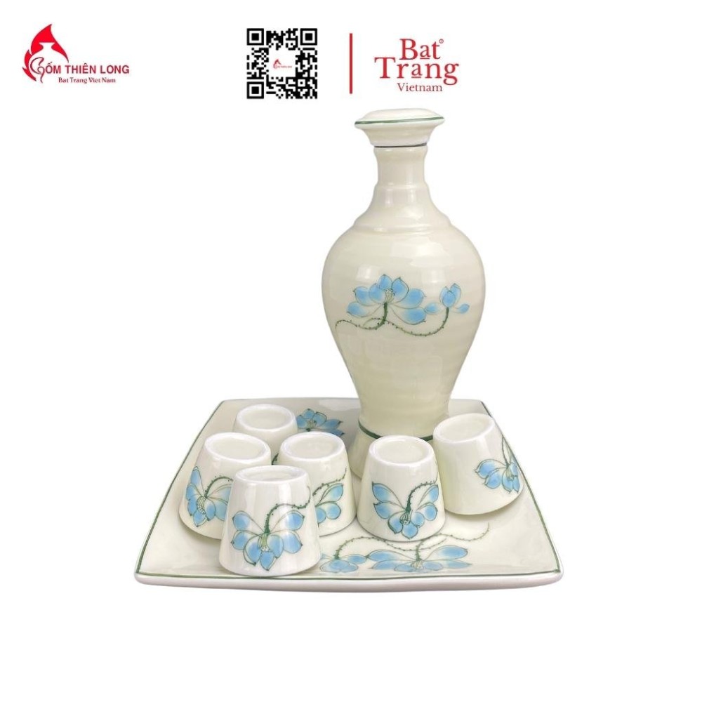 Bộ Bát Đĩa Thắp Hương | Men Kem Vẽ Sen Xanh