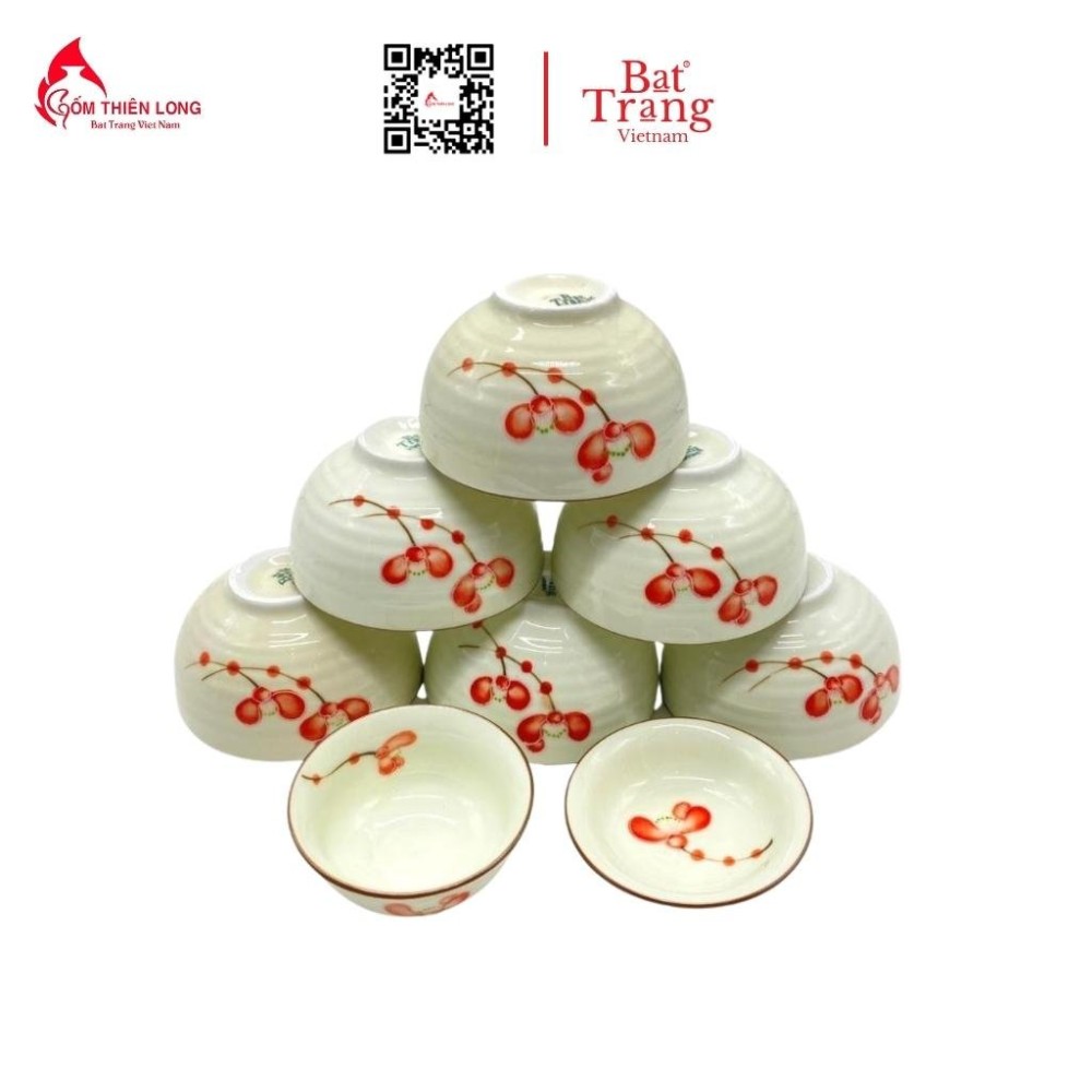 Bộ Bát Đĩa Thắp Hương | Men Kem Vẽ Đào Đỏ