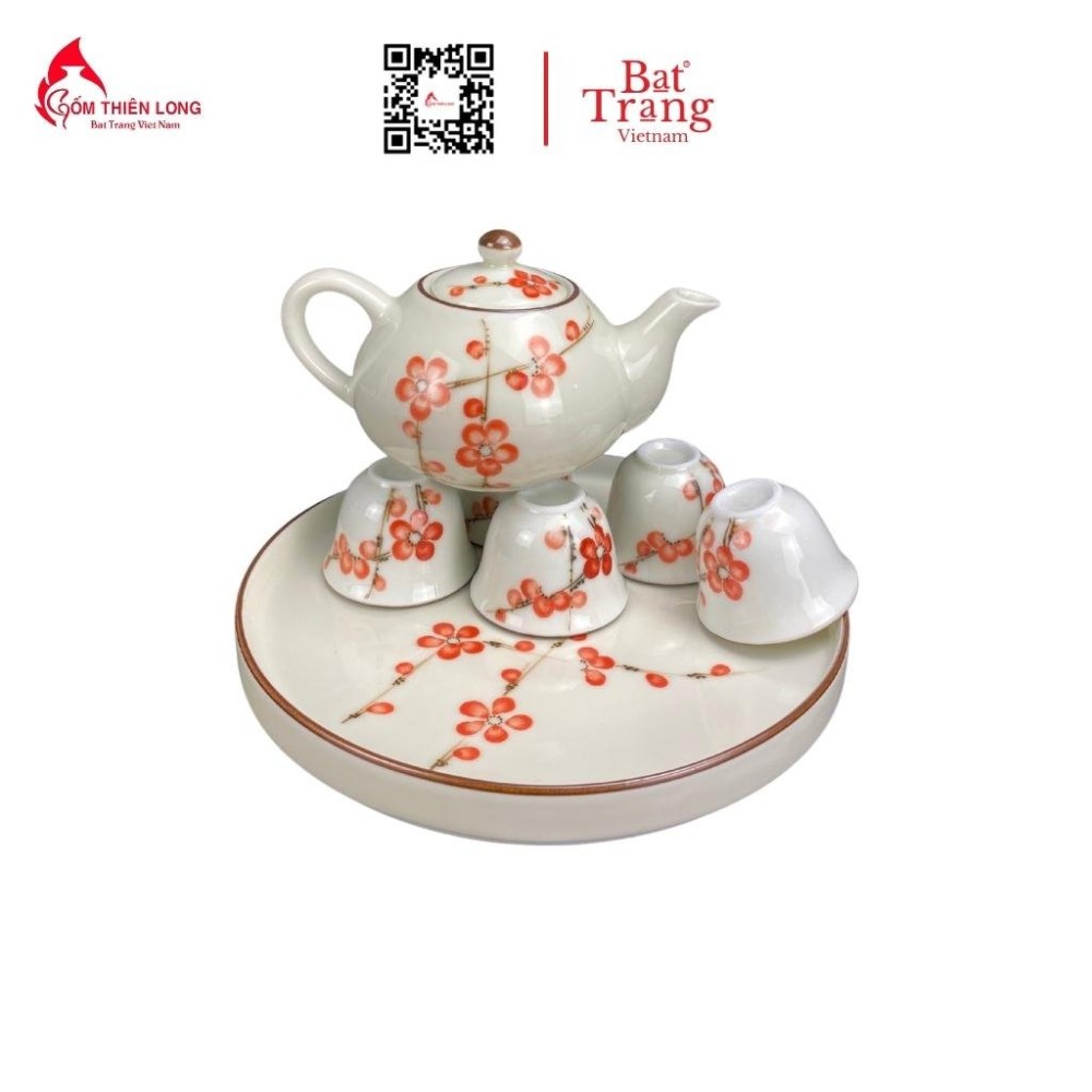 Bộ Bát Đĩa Thắp Hương | Men Kem Vẽ Đào Đỏ