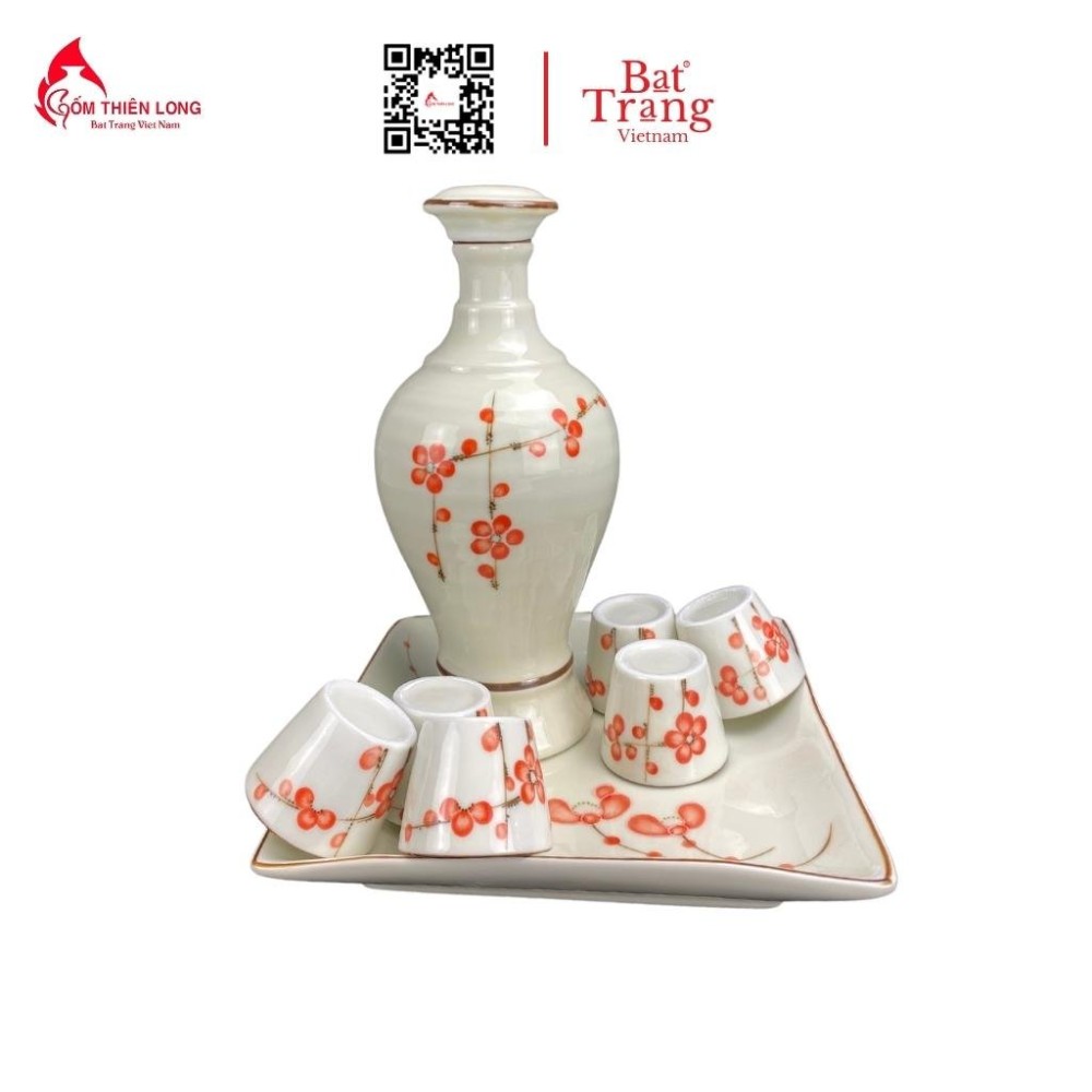 Bộ Bát Đĩa Thắp Hương | Men Kem Vẽ Đào Đỏ