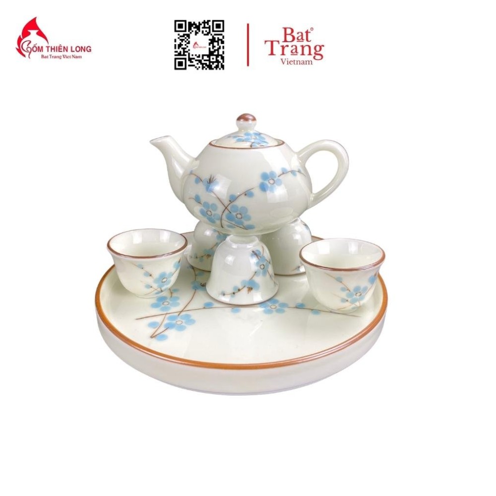 Bộ Bát Đĩa Thắp Hương | Men Kem Vẽ Đào Xanh