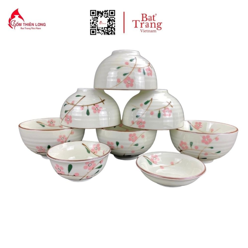 Bộ Bát Đĩa Thắp Hương | Men Kem Vẽ Đào Hồng