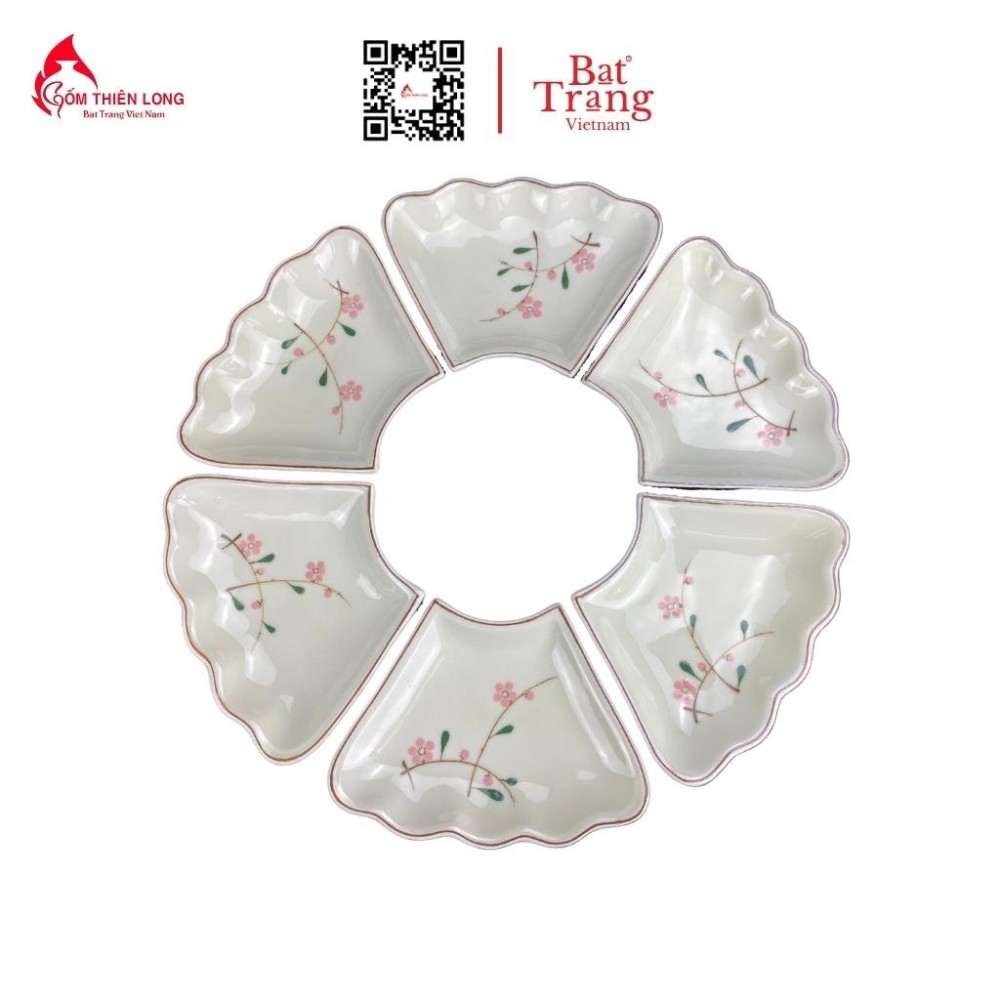 Bộ Bát Đĩa Thắp Hương | Men Kem Vẽ Đào Hồng