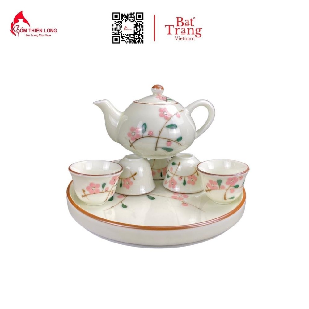 Bộ Bát Đĩa Thắp Hương | Men Kem Vẽ Đào Hồng