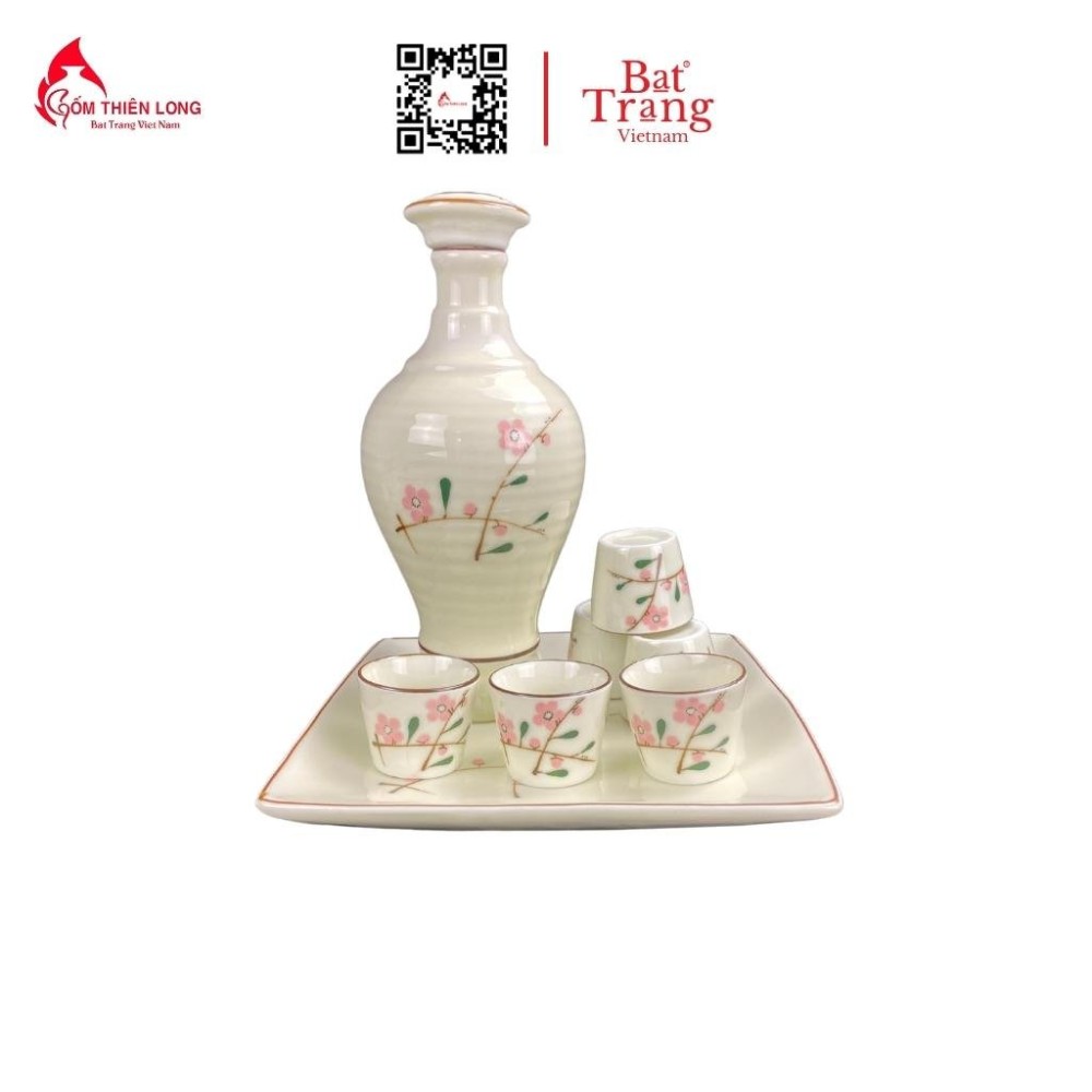 Bộ Bát Đĩa Thắp Hương | Men Kem Vẽ Đào Hồng