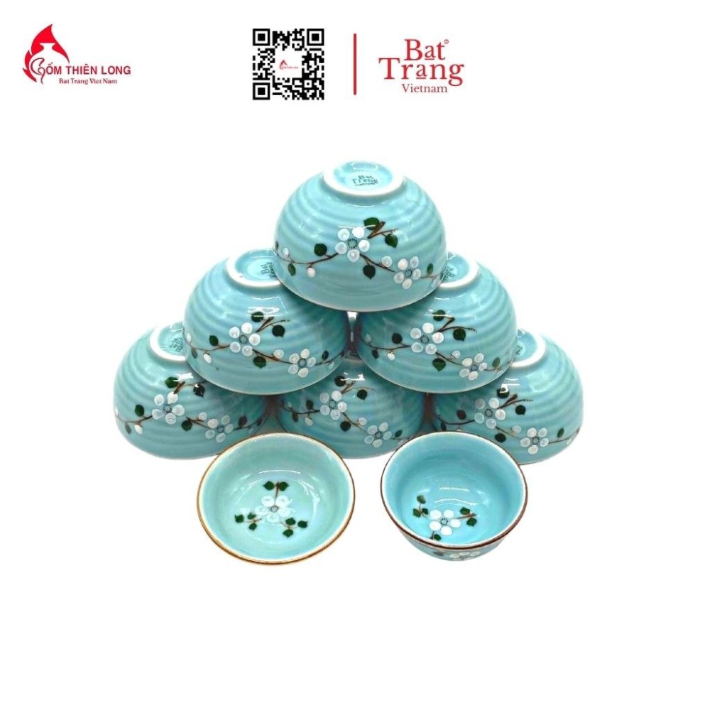 Bộ Bát Đĩa Thắp Hương | Xanh Ngọc Vẽ Đào Trắng