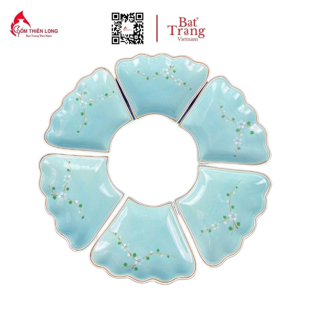 Bộ Bát Đĩa Thắp Hương | Xanh Ngọc Vẽ Đào Trắng