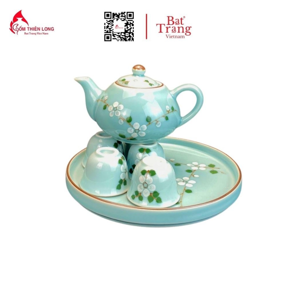 Bộ Bát Đĩa Thắp Hương | Xanh Ngọc Vẽ Đào Trắng
