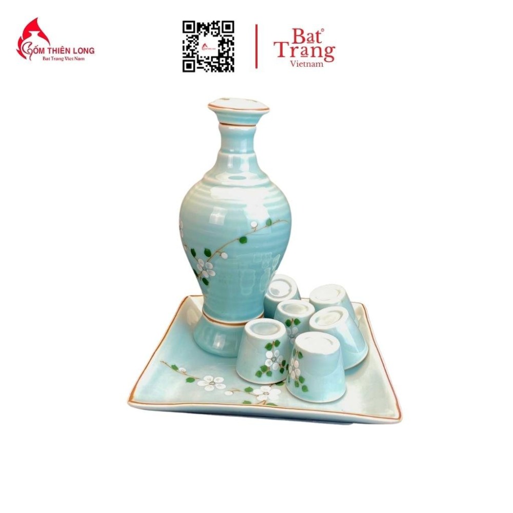 Bộ Bát Đĩa Thắp Hương | Xanh Ngọc Vẽ Đào Trắng