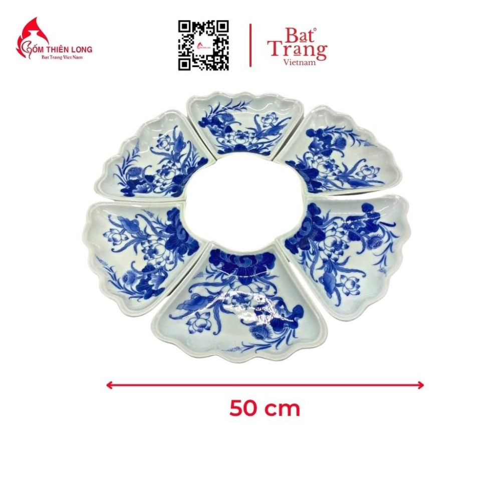 Bộ Bát Đĩa Thắp Hương Men Lam Ngọc Vẽ Sen