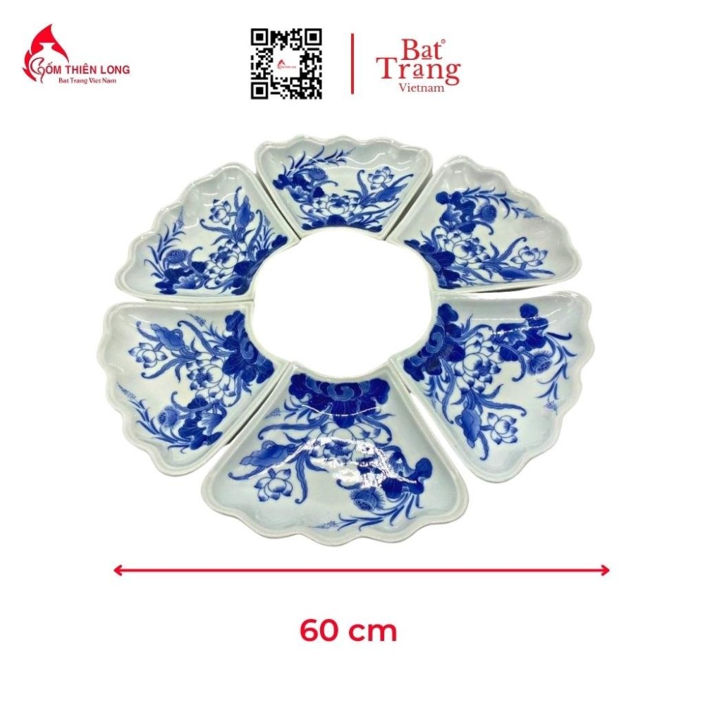 Bộ Bát Đĩa Thắp Hương Men Lam Ngọc Vẽ Sen