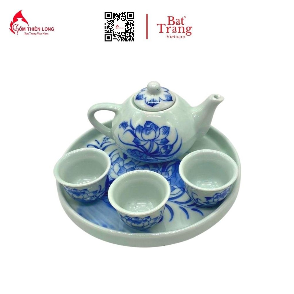 Bộ Bát Đĩa Thắp Hương Men Lam Ngọc Vẽ Sen