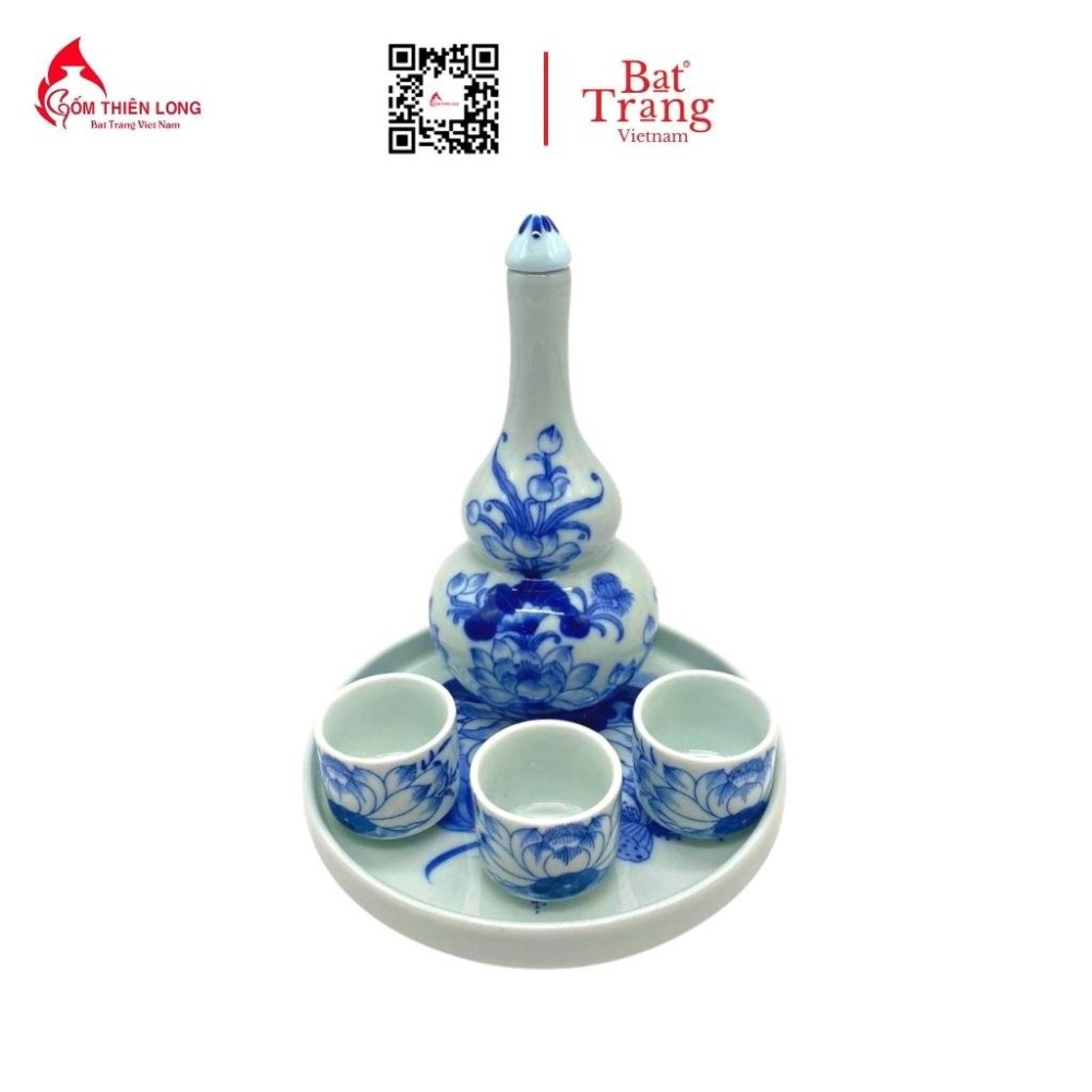 Bộ Bát Đĩa Thắp Hương Men Lam Ngọc Vẽ Sen