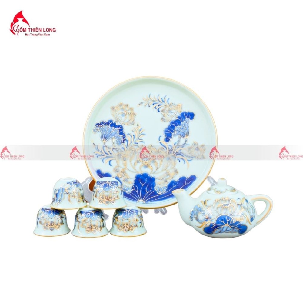 Bộ Đồ Thờ Bát Tràng Men Lam Vẽ Vàng Hoa Sen 236993