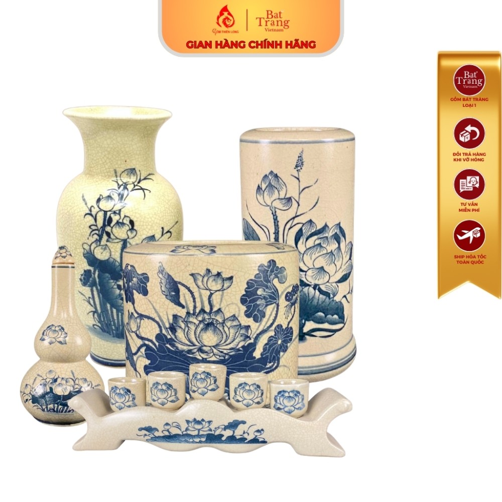 Bộ Đồ Thờ Bát Tràng Men Rạn Vẽ Hoa Sen 236990