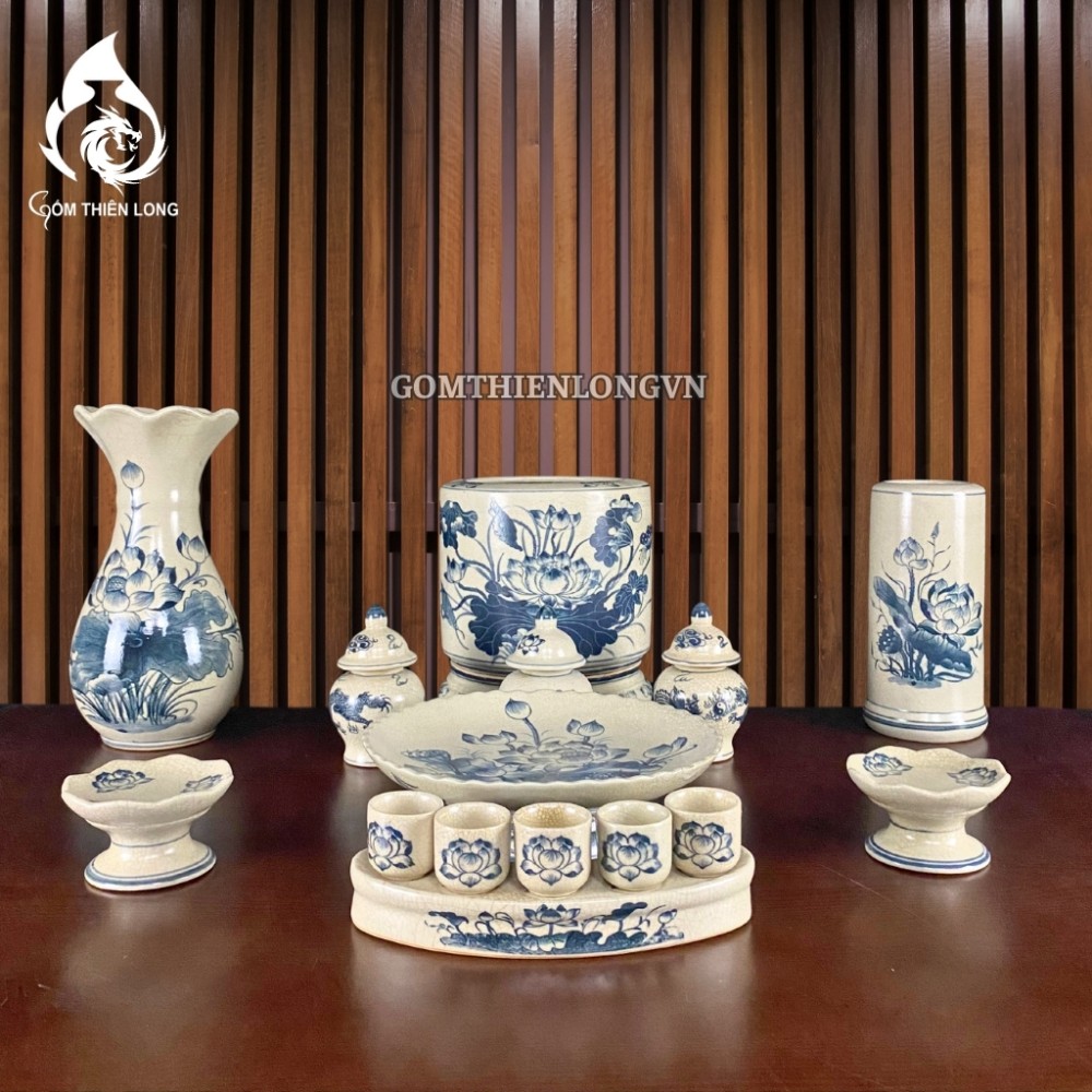 Bộ Đồ Thờ Bát Tràng Men Rạn Vẽ Hoa Sen 236990