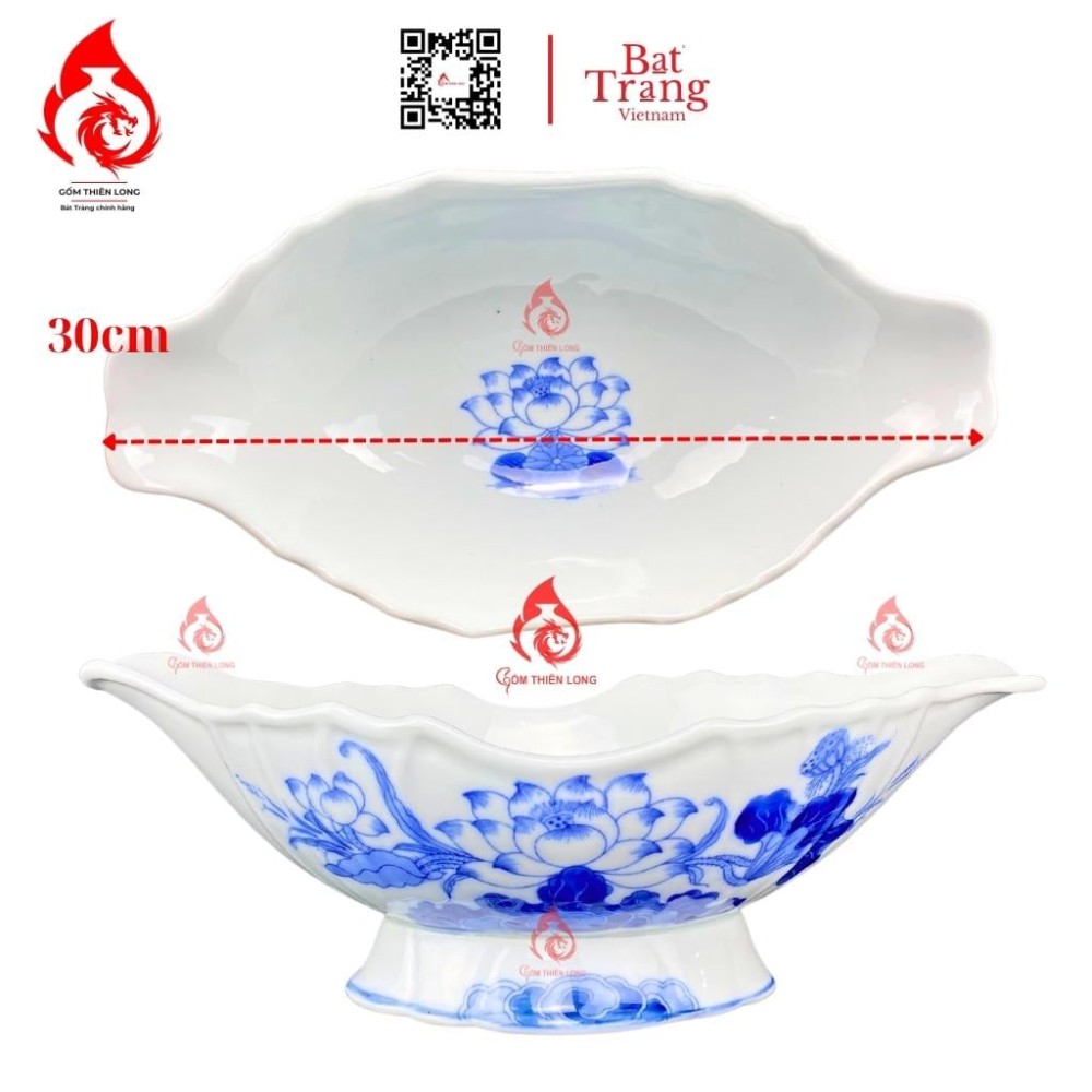 Bộ Bát Đĩa Thắp Hương Men Lam Ngọc Vẽ Sen