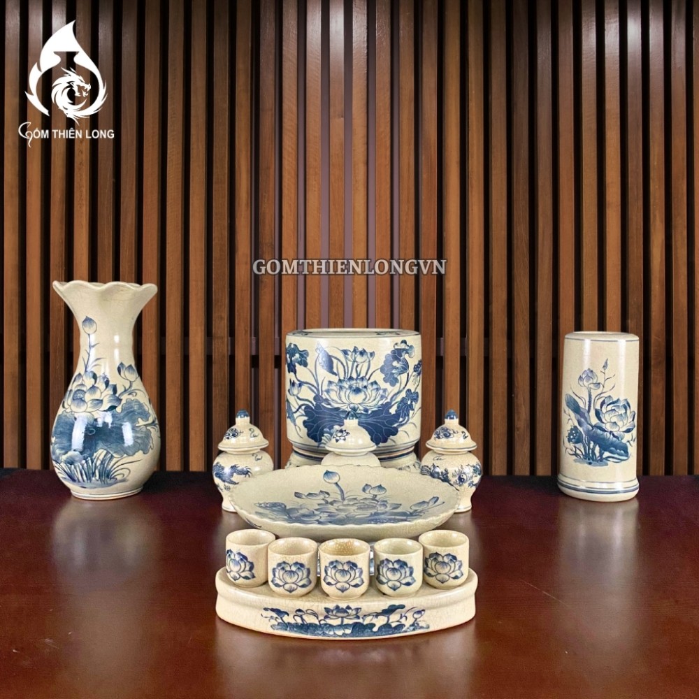 Bộ Đồ Thờ Bát Tràng Men Rạn Vẽ Hoa Sen 236990