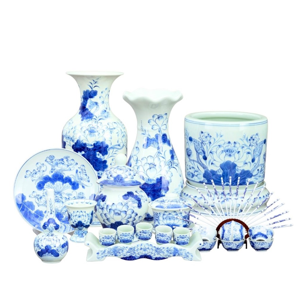 Bộ Đồ Thờ Bát Tràng Men Lam Vẽ Hoa Sen 236998