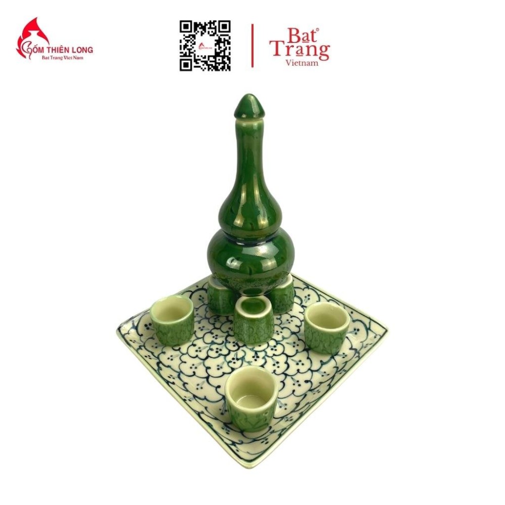 Bộ Bát Đĩa Thắp Hương Xanh Rêu Vẽ Bèo HMT062201