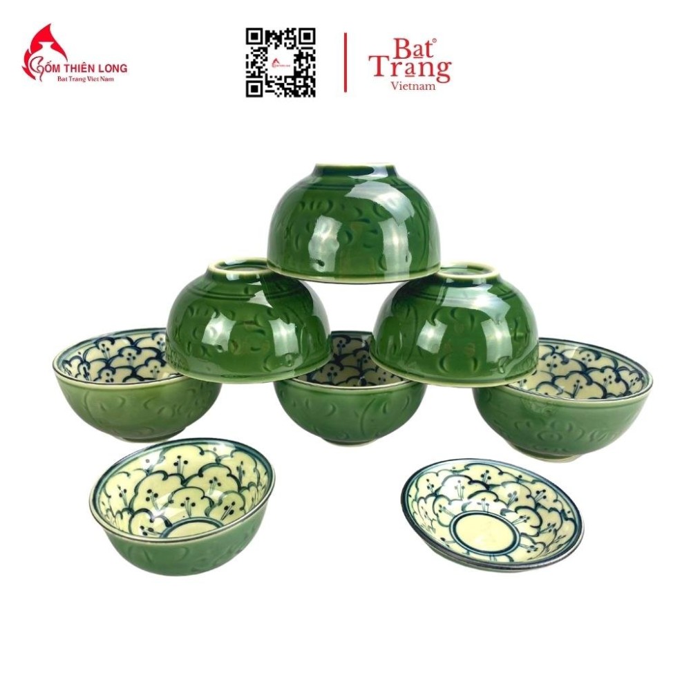 Bộ Bát Đĩa Thắp Hương Xanh Rêu Vẽ Bèo HMT062201