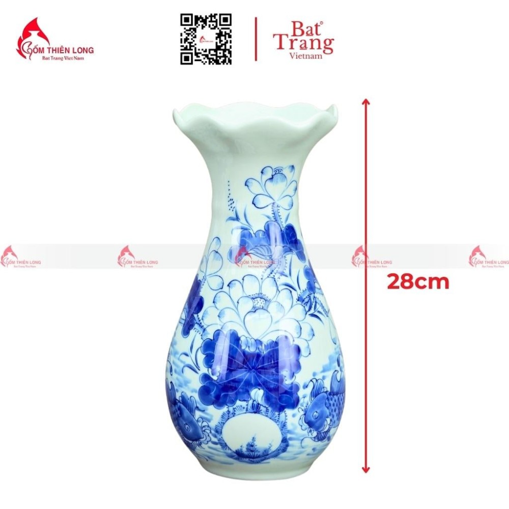 Lọ Hoa Bàn Thờ Men Lam Miệng Lượn Vẽ Sen Cá S230823