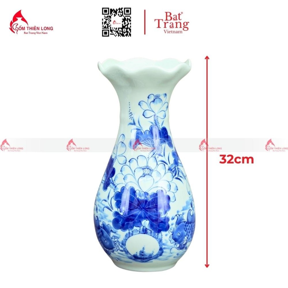 Lọ Hoa Bàn Thờ Men Lam Miệng Lượn Vẽ Sen Cá S230823