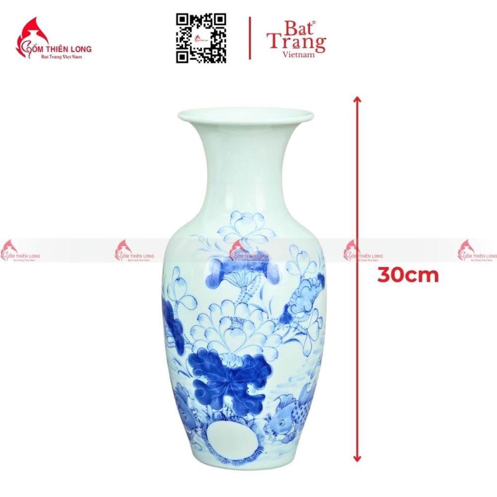 Lọ Hoa Bàn Thờ Men Lam Vẽ Sen Cá S230824